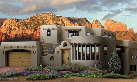 Southwest Style Pueblo Desert Adobe Home Cob Earthbag Ston - House Plans | #38967 Pueblo Style House, Pueblo House, Southwest Style Home, Southwest House, Earth Bag Homes, Adobe Home, Arizona House, Earthship Home, Mud House