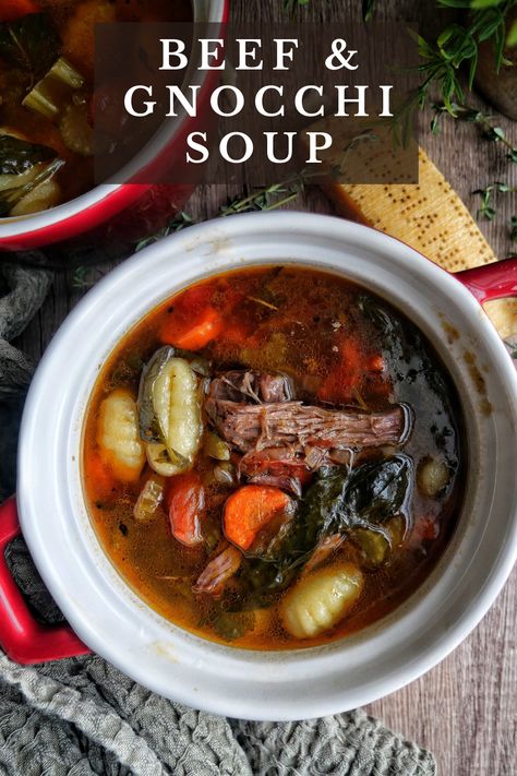 Brothy Beef and Gnocchi Soup is packed with veggies, fresh herbs and tons of flavor. Beef And Gnocchi Soup, Beef And Gnocchi, Gnocchi Recipes Soup, Easy Soup Recipe, Beef Soup Recipes, Potato Gnocchi, Cozy Weekend, Gnocchi Soup, Soup Easy