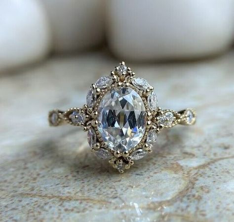 Oval Cut Diamond Engagement Ring CZ Marquise Halo Set Vintage Filigree Wedding Oval Vintage Engagement Ring Wedding Set, Blue Diamond Halo Engagement Ring, Vintage Milgrain Engagement Ring, Wedding Rings Engagement Sets, Oval Engagement Ring Real Diamond, Ring Vintage Aesthetic, Oval Ring Vintage, Decorative Band Engagement Ring, Dream Engagement Rings Dream Engagement Rings Unique