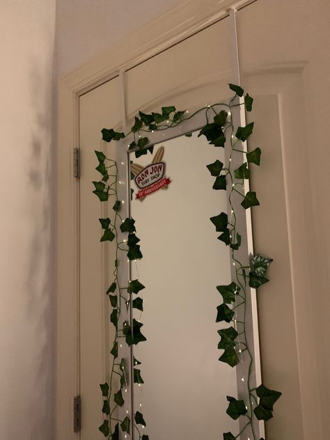 Vines Over Mirror, Vines On Mirror Bedroom, Vines On Door Bedroom, Dorm Mirror Decorations, Aethstetic Mirror, Decorated Full Length Mirror, Fake Vines Around Mirror, Door Mirror Ideas Decor Bedroom, Mirror With Leaves