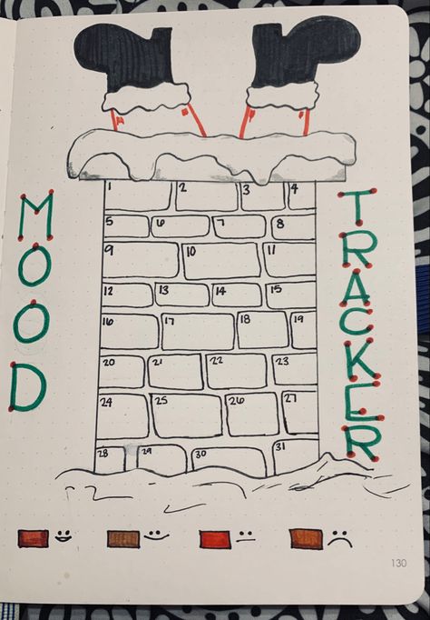 Mood Tracker Notebook, Christmas Mood Tracker Ideas, Preppy Mood Tracker, December Mood Tracker Bullet Journal, December Bullet Journal Mood Tracker, Christmas Notebook Ideas, Drawing Ideas Easy Christmas, Mood Tracker Ideas Easy, Christmas Mood Tracker