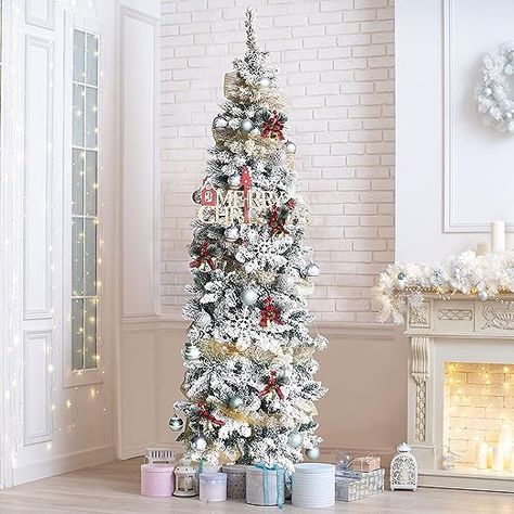 This artificial snow flocked pencil Christmas tree with warm white color lights can add your home the best holiday atmosphere! This is a prefect snow flocked Christmas pencil tree with lights if you are finding something durable, non-toxic, environmental-friendly and reusable for next few years. All branches of this pencil Christmas tree are made of high-quality PVC material, which is long-lasting, non-toxic and anti-allergic. #sponsored White Artificial Christmas Tree, Office Rooms, Flocked Tree, 6ft Christmas Tree, Tree With Lights, Led Christmas Tree Lights, Slim Tree, Slim Christmas Tree, Pencil Trees