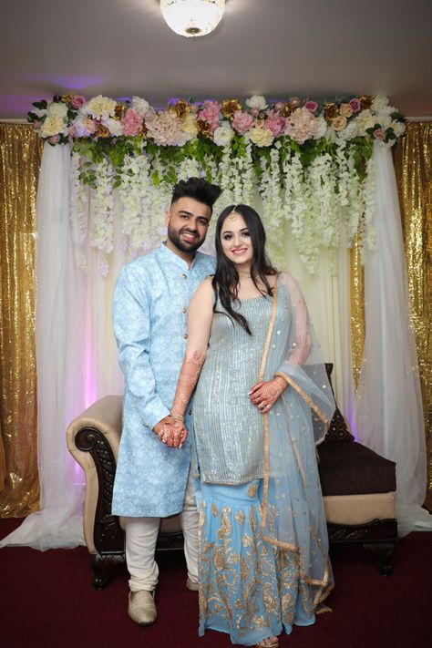 Wedding inspirations Wedding Looks For Bride, Engagement Clothes For Couple, Light Blue Combination, Engagement Clothes, Indian Engagement, Blue Combination, Blue Makeup Looks, Sherwani For Men, Blue Outfits