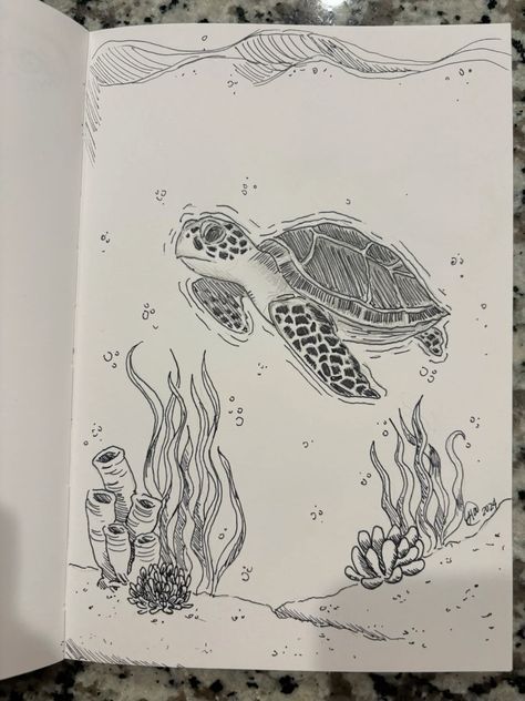 Turtle In Ocean Drawing, Sea Related Drawings, Ocean Related Drawings, Drawing Sea Turtles, Marine Drawing Ocean, Ocean Floor Drawing, Sea Turtles Drawing, Sea Drawing Ideas, Sea Art Drawing