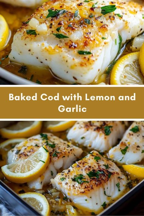 Baked Cod with Lemon and Garlic Lemon Parsley Baked Cod, Recipe For Baked Cod Fillets, Meals With Cod Fish, Lemon Herb Baked Cod, Baked Cod Dinner Ideas, Garlic Butter Cod Baked Fish, Fresh Cod Recipes Baked Fish, Baked Cod And Asparagus, Baked Cod Recipes Oven Foil