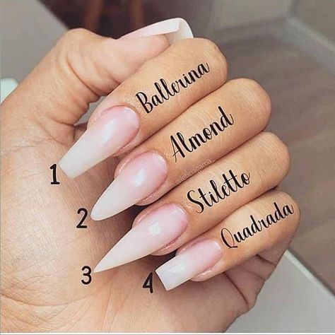 1 2 3 or 4?  Ballerina Almond Stiletto or Quadrada?  Which nail shape you like more ? cr: @leticiagama_ Acrylic Nail Shapes, Nagel Tips, Ballerina Nails, Pretty Acrylic Nails, Nail Shapes, Nails Acrylic, Perfect Nails, Acrylic Nail Designs, Nails Nails