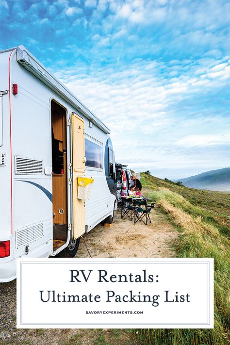 Packing for your first RV trip? Check out our ultimate packing list of everything you'll need from the obvious to some items that might be surprising! #RVrental #packinglist www.savoryexperiments.com Rv Trip Packing List, Rv Road Trip Packing List, Week Long Camping Trip Packing Lists, Rv Packing List Rv Checklist, Rv Camping List Packing Checklist, Utah Rv Road Trip, Rv Packing List, Travel Disney, Rv Trips Planning U.s. States