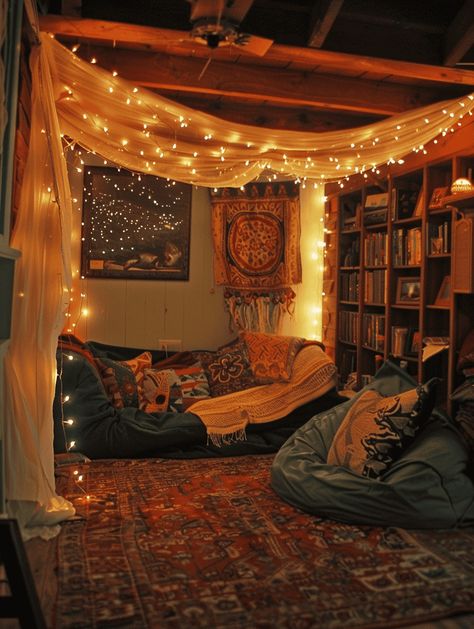 21 Boho Reading Nook Inspirations to Create Your Perfect Cozy Corner Reading Corner Fairy Lights, New Home Room Ideas, Cozy Chill Corner, Cozy Floor Seating Bedroom, Cozy Chill Living Room, Quiet Reading Corner, Cozy Couch Corner, Comfy Nook Ideas, Reading Floor Nook