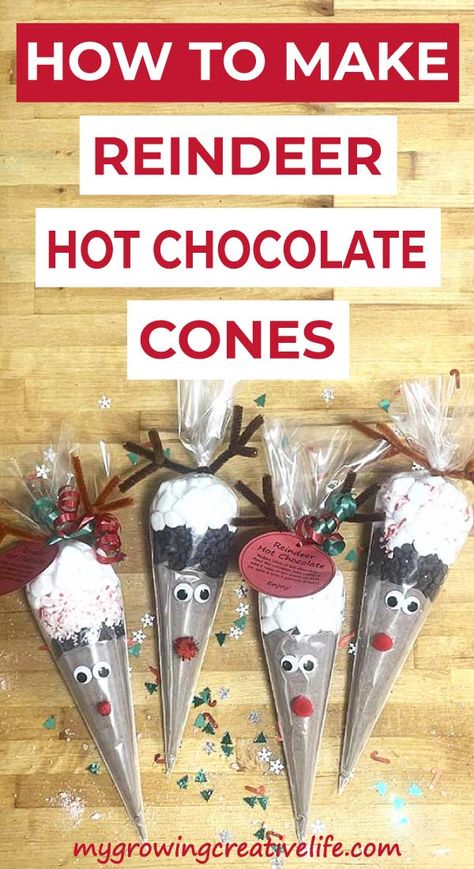 DIY Reindeer Hot Chocolate Cones: An Easy, Yummy Gift - My Growing Creative Life Reindeer Hot Chocolate Cones, Hot Chocolate Cones, Diy Reindeer, Reindeer Hot Chocolate, Chocolate Cone, Hot Cocoa Gift, Diy Hot Chocolate, Cocoa Gift, Hot Chocolate Gifts