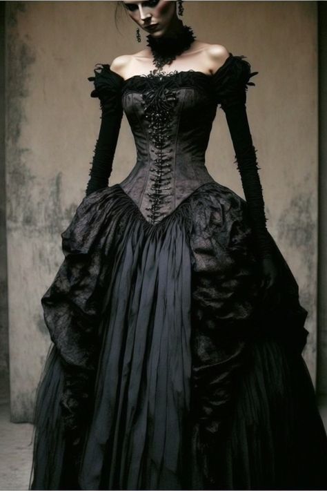 Gothic Couture dress gown made of black velvet with black suede gloves and tight beaded gothic corset long sleeve gothic fashion Goth Gown Victorian, Gothic Corset Wedding Dress, Gothic Black Wedding Dresses, Victoria Gothic Dress, Black Lace Victorian Dress, Victorian Ball Gowns Black, Gothic Dress Elegant Fairy, Gothic 1800s Dress, Victorian Goth Dress Aesthetic