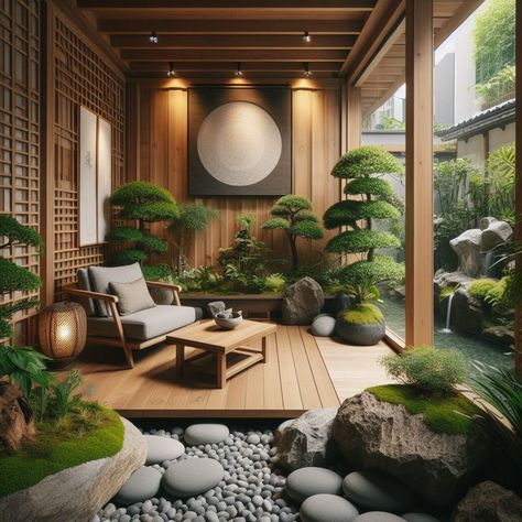 Indoor Zen Gardens: Tranquil Corner in the Home Asian Backyard Landscaping, Asian Deck Ideas, Zen Garden Small Backyard, Beautiful Corners In The House, Japanese Indoor Design, Japanese Zen Garden Design, Home Japanese Garden, Japanese Outdoor Decor, Japanese Tea Garden Backyard