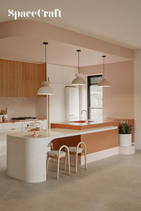 Our pink Retro-Scandi kitchen featuring Terrazzo and Tasmanian Oak ✨️ Kitchen Ideas Condo, Feature Kitchen Island, Soft Pink Interior, Terrazzo Island, Kitchen Retro Modern, Pink Wood Kitchen, Terazzo Kitchen Tiles, Retro Kitchen Ideas, Terrazzo Kitchen Island