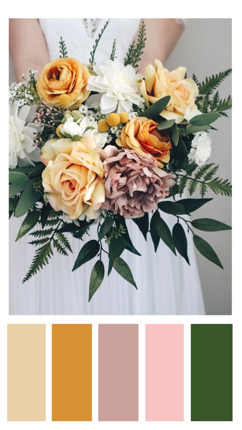 Dusty Rose And Mustard Wedding, Mustard Theme Wedding, Mustard Wedding Palette, Sage Pink Yellow Wedding, Mustard And Blush Wedding, Pink And Yellow Fall Wedding, Marigold Wedding Palette, Wedding Mustard Yellow, Flowers Palette Color