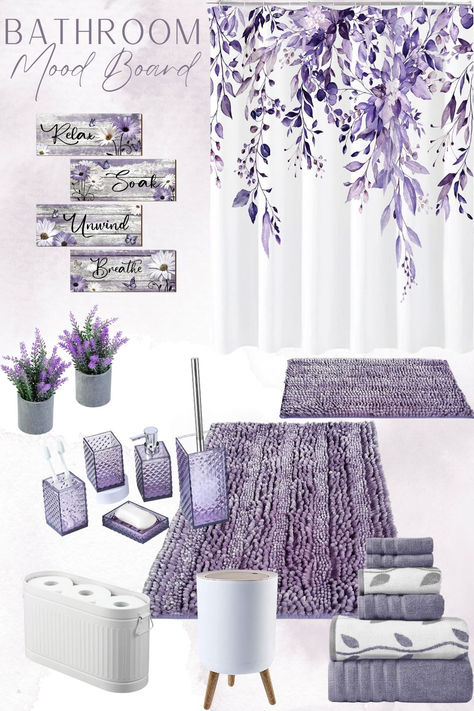 purple bathroom mood board with a white shower curtain featuring a purple floral design on it, purple chenille bath mats, purple towels, a purple bathroom accessory set, farmhouse bathroom wall decor, a white bathroom garbage can, and a white toilet paper holder Purple Gray Bathroom Ideas, Purple And Gray Bathroom Ideas, Lavender Bathroom Ideas Decor, Purple Bathroom Decor Ideas, Purple Bathroom Ideas Decor, Purple House Interior Ideas, Lavender Bathroom Ideas, Lilac Bathroom Ideas, Gray And Purple Bathroom