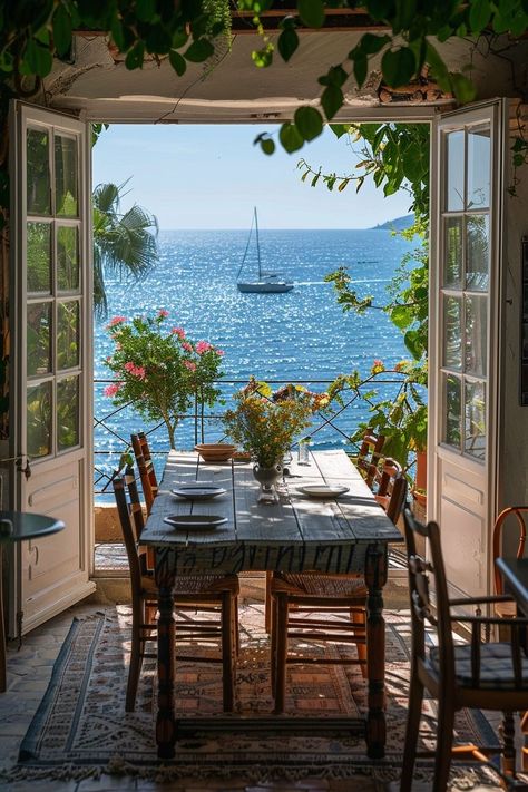 Small House By The Sea, Costal Italian Aesthetic, House With Beach View, Europe House Interior, House By The Beach Aesthetic, Homes In Greece, House On The Beach Aesthetic, Voulenteering Aesthetic, Italy Home Aesthetic