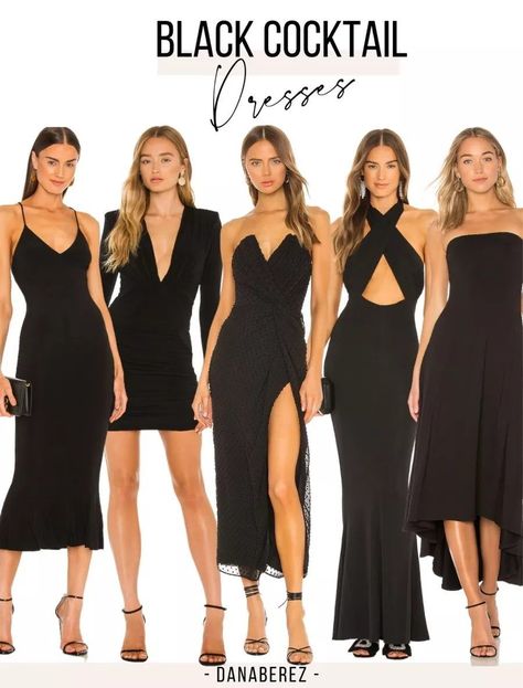 Black Cocktail Dress Long, Womens Cocktail Dress, All Black Dress Code Party, Black Dress Cocktail Outfit, Coctail Attaire Woman 2023, All Black Party Attire, Black Coctail Dresses Outfit, Cocktail Dress Code Woman, Black Cocktail Dress For Wedding