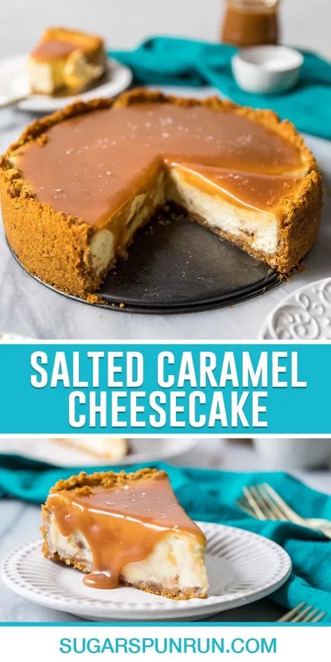 My salted caramel cheesecake is perfect for caramel lovers! It has caramel swirled inside and on top, plus plenty of flaky sea salt. Add pecans in the crust for even more flavor! Cheesecake With Sour Cream, Caramel Cheesecake Recipes, Salted Caramel Cheesecake, Cheesecake Toppings, Caramel Recipes Sauce, Caramel Desserts, Classic Cheesecake, Caramel Cheesecake, Salted Caramel Sauce