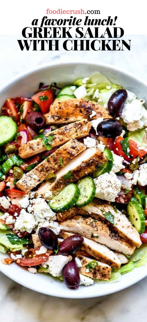 Salad Topped With Chicken, Chicken For Greek Salad, Greek Chicken Salad Dressing, Greek Chicken With Cucumber Feta Salad, Mediterranean Diet Greek Salad, Greek Salad Chicken Marinade, Chicken Souvlaki Salad Recipe, Greek Chicken Salad Meal Prep, Easy Salads With Chicken