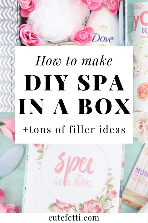 DIY Spa in a box. Perfect gift idea with so many filler ideas! Mother's Day and birthdays. Spa Gift Ideas Diy, Spa Day Basket Ideas Diy, Spa Day Gift Ideas, Diy Beauty Box Gift Ideas, Spa Gift Bag Ideas, Spa Day Basket Ideas, Spa Easter Basket Ideas, Mother's Day Diy Gift Ideas, Diy Spa Basket