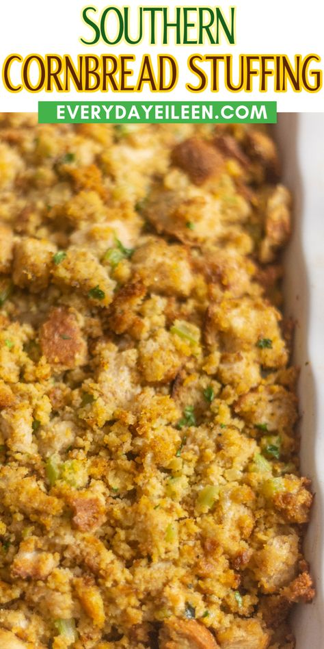 One of our most popular recipes is this Traditional Southern Cornbread Stuffing made with homemade cornbread, fresh Italian Bread, butter, chicken stock, and herbs. A delicious dressing/stuffing that's perfect for Thanksgiving or any Holiday. Cornbread And Bread Stuffing, Recipes With Cornbread Stuffing, Southern Recipes Thanksgiving, Homemade Cornbread Stuffing From Scratch, Stuffing Cornbread Recipes, Paula Deans Stuffing Recipe, The Best Cornbread Dressing Recipe, Non Traditional Stuffing Recipes, Southern Cornbread Dressing With Poultry Seasoning