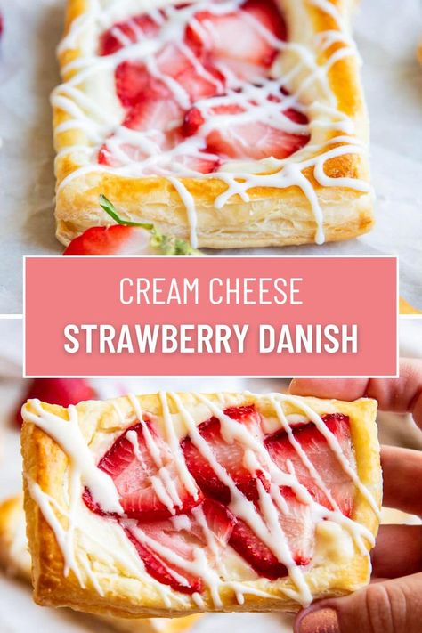 This Cream Cheese and Strawberry Danish is a nice and flaky pastry filled with a sweetened cream cheese and topped with fresh strawberries. They are super easy to make, and perfect for a morning breakfast, afternoon snack, or summer time dessert. Raspberry And Cream Cheese Puff Pastry, Homemade Strawberry Danish, Strawberry And Cheese Danish, Strawberry Jam Pastry, Strawberries And Puff Pastry, Strawberry Cream Cheese Hand Pies, Strawberry Cheesecake Danish, Mini Cheese Danish, Strawberry Cheese Danish Recipe