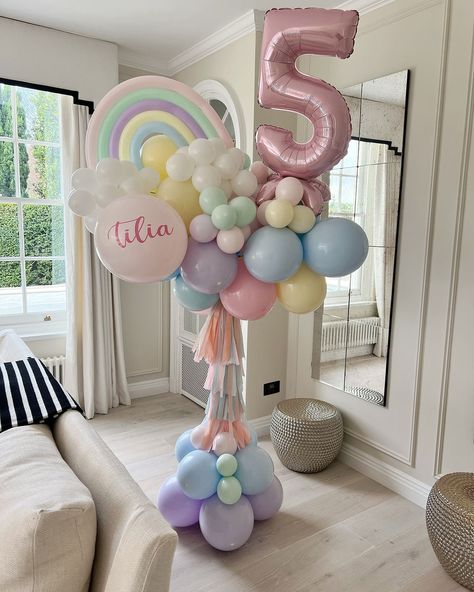 Balloon Training, Kids Birthday Party Cake, Balloon Tower, 1st Birthday Balloons, Rainbow Unicorn Party, Pastel Birthday, Rainbow Birthday Cake, Hello Kitty Birthday Party, Painting Birthday