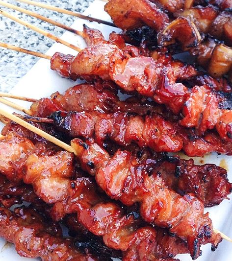 Ingredients: 1 kg. pork 20 bamboo skewers (kawayan) 1 cup soy sauce 1 glove  garlic, minced 1 onion, finely chopped 1/4 cup of calamansi juice or lemon juice 1/2 cup of 7up, sprite 1 teaspoon ground black pepper 3 tablespoons of brown or white sugar 1/2 cup of banana or tomato catsup Instructions: Prepare and… Continue reading HOW TO MAKE PORK BARBEQUE Pork Skewer Recipes, Barbeque Pork, Pork Barbecue, Calamansi Juice, Pork Skewers, Barbeque Recipes, Filipino Style, Mapo Tofu, Kabob Recipes