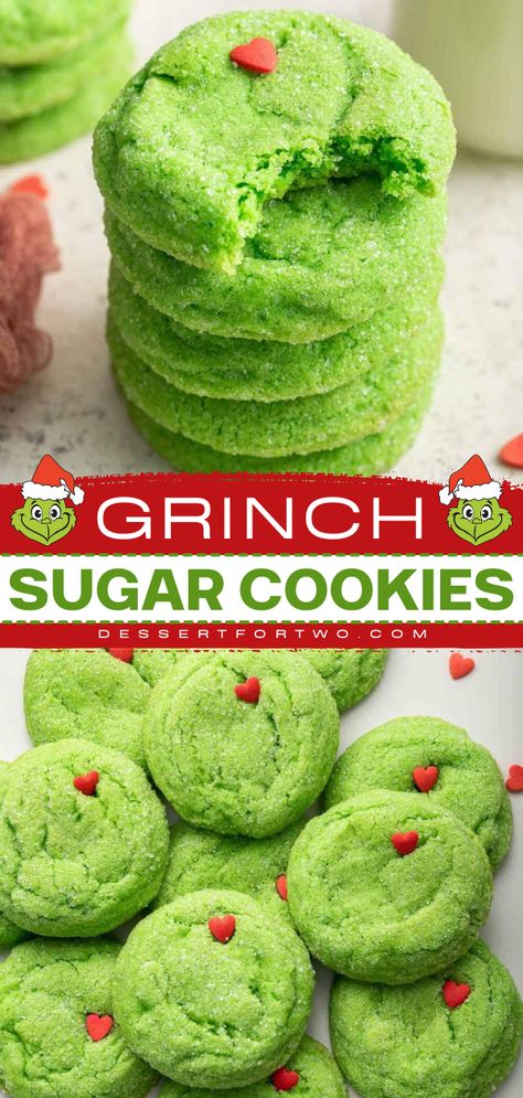 You'll love these best sugar cookies for your easy Thanksgiving sweet treats! Learn how to make these simple grinch drop sugar cookies that are made with melted butter, green food coloring and a single red sprinkle to represent the Grinch's heart. Yum! Grinch Sugar Cookies, Grinch Cookies, Cookies Homemade, Christmas Fudge, Christmas Baking Recipes, Cookies Christmas, Xmas Cookies, Christmas Sugar Cookies, Cookies Decorated