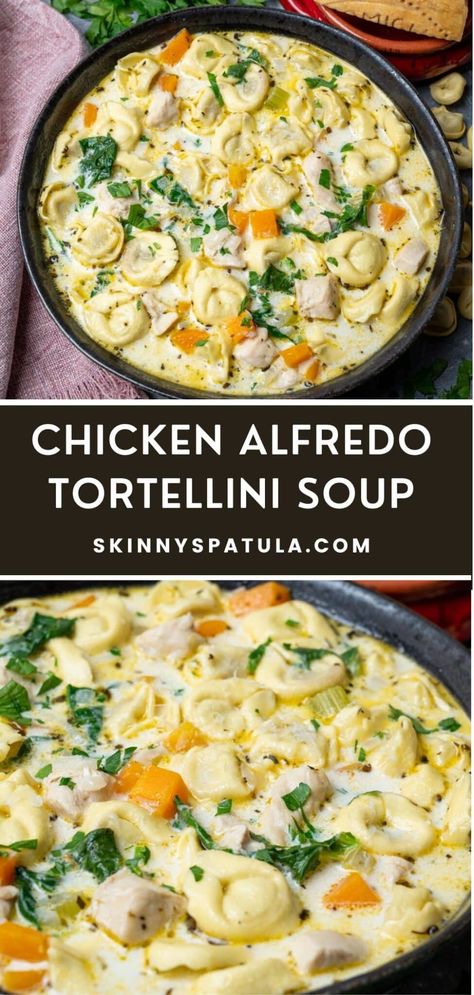 Chicken Alfredo Tortellini Soup – Skinny Spatula Tortellini Wedding Soup, Chicken Alfredo Tortellini Soup Crockpot, Chicken Alfredo Tortellini Soup Recipe, Chorizo Tortellini Soup, Pioneer Woman Recipes Chicken Tortellini Soup, Soup Tortellini Chicken, Tuscan Chicken Tortellini Soup Crockpot, Cream Tortellini Soup, Lasagna Alfredo Soup