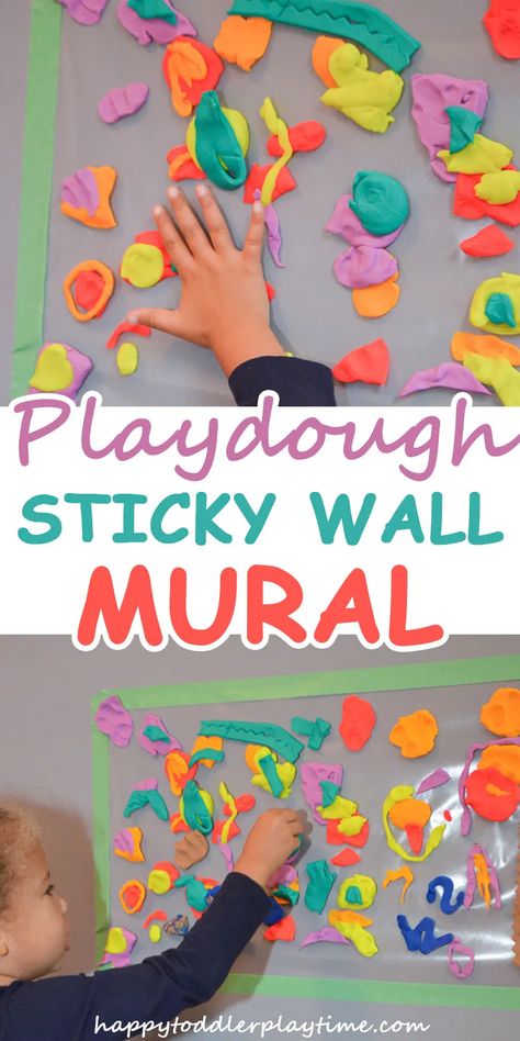 PLAYDOUGH STICKY WALL MURAL - HAPPY TODDLER PLAYTIME Easy Preschool Snacks, Easy Preschool Crafts, Sticky Wall, Art Activities For Toddlers, Playdough Activities, Learning Toys For Toddlers, Toddler Snacks, Toddler Art, Contact Paper