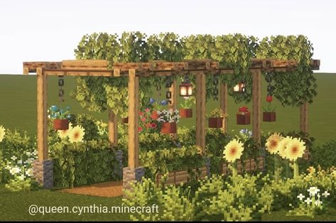 Cottage Garden Minecraft, Cute Garden Ideas Minecraft, Garden Idea Minecraft, Minecraft Flower Truck, Gazebo In Minecraft, Mc Garden Ideas, Cottagecore Minecraft Garden, Minecraft Picnic Basket, Minecraft Melon Farm Ideas