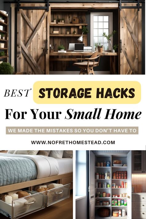 The Best Storage Hacks for Your Small Home – Do It Right The First Time! – No Fret Homestead – We Make The Mistakes So You Don’t Have To Diy Small Space Storage, Small Home Storage Solutions, Storage In A Small House, Home Storage Hacks, Cottage Storage, Small House Storage, Furniture With Storage, Dining Tables And Chairs, Tiny House Storage