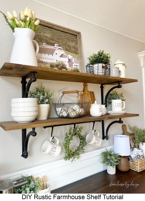 Easy and budget friendly farmhouse shelf tutorial for rustic farmhouse style shelves Farmhouse by Design DIY Projects #farmhousekitchendecorationideas Dining Room Shelves Decor Farmhouse, Farmhouse Shelving Ideas, Farmhouse Style Shelves, Shelves Over Coffee Bar, Farmhouse Shelves Dining Room, Rustic Kitchen Shelves Farmhouse Style, Shelf Design Dining Room, Rustic Farmhouse Shelves, Kitchen Rustic Shelves