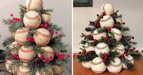 If you’re a baseball fan looking to add a unique twist to your holiday decorations, this Baseball Christmas Tree is the perfect… Cricut Baseball Ornaments, Baseball Christmas Decorations, Baseball Tree Christmas, Crafts With Baseballs, Baseball Christmas Tree Diy, Diy Nfl Crafts Ideas, Baseball Christmas Party, Mason Jar Decorating, Baseball Christmas Tree