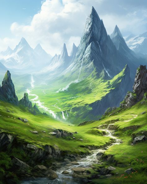 #mountains #landscape #green #fantasy Fantasy Setting Village, Fantasy Fields, Castle Painting, Painting Reference, Mystical Places, Fantasy Background, Mountains Landscape, Landscape Concept, Fantasy City