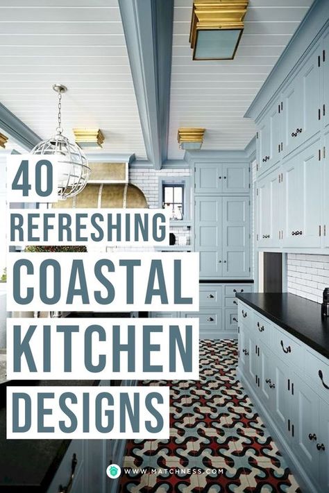 The fresh blue color scheme can bring the spirit of summer to your home. Anyway, when you commonly only consider applying the awesome design style to your living room or bedroom, then it’s time to give your effort to make your kitchen valuable too. Let’s apply the coastal design for your kitchen makeover. #coastalkitchen #kitchendesign #summerkitchen #summerdecor Cute Beach House Kitchen, Seaside Kitchens Coastal Style, Small Coastal Kitchen Design, Coastal Kitchen Renovation, Kitchen Beach Style, Coastal Blue Cabinets, Cozy Beach House Kitchen, Coastal Farmhouse Interior Design, Blue Kitchen Color Schemes