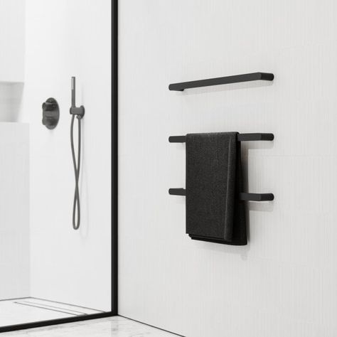 Black Towel Rail, Black Towel Bar, Dream Building, Modern Contemporary Bathroom, Modern Towels, Bar Rail, Bathroom Towel Rails, Matte Black Bathroom, Black Bathroom Accessories