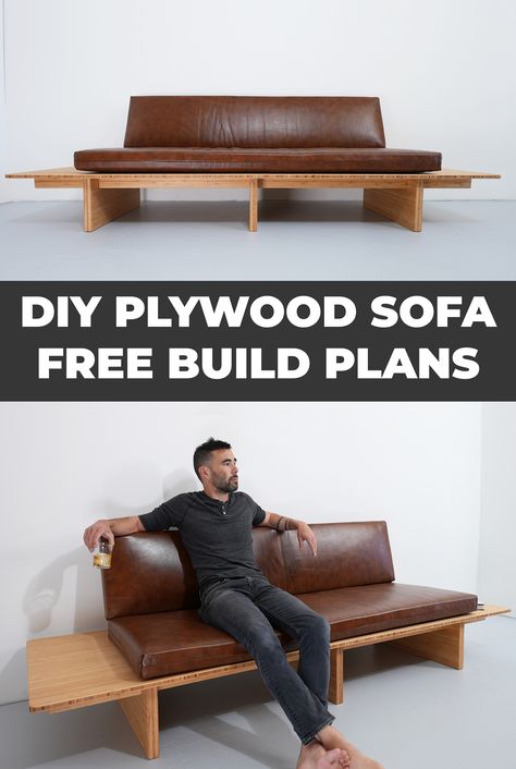 This DIY sofa is made out of bamboo plywood and was designed by Ben Uyeda of HomeMade Modern.  This DIY sofa is can be made with just three basic power tools. A full build video and free plans of this plywood sofa are available. Plywood Sofa Diy, Homemade Sofa Wood, Wooden Sofa Diy, Diy Sofa Bench, Diy Modern Sofa, Homemade Couch Diy, Diy Platform Sofa, Diy Couch Base, Sofa Diy Ideas How To Build