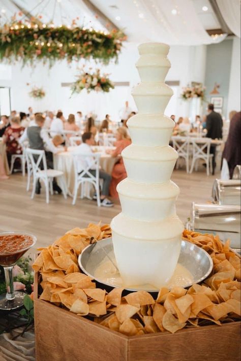 Queso Fountain Taco Bar, Food Wedding Decor, Wedding Cheese Fountain, Mexican Food Catering Wedding Reception, Outdoor Reception Set Up, Cheese Fountain Wedding, Queso Dip Fountain Wedding, Cheese Dip Fountain Wedding, Wedding Queso Fountain