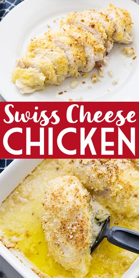 Swiss Cheese Chicken, Swiss Cheese Recipes, Swiss Chicken Bake, Chicken And Cheese Recipes, Crispy Bread, Chicken Enchiladas Easy, Meat Diet, Oven Fried, Cheese Chicken