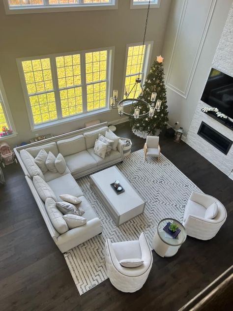 Family Room L Shape Couch, Maximum Seating Family Room, Living Room Couch Ideas Open Concept, Sectional Two Chairs Layout, Family Room Seating Ideas Layout, Large Living Room Sofa Layout, Lots Of Seating Living Room, 4 Piece Sectional Living Room Layout, Tile Wood Flooring Living Room