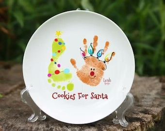 Baby Santa Plate, Baby Footprint Christmas Plate, Handprint Ceramic Plate Christmas, Handprint Ceramic Plate, Baby Foot Print Art Christmas, First Christmas Plate Baby, Handprint Cookie Plate, Cookies For Santa Ceramic Plate, Handprint Santa Cookie Plate