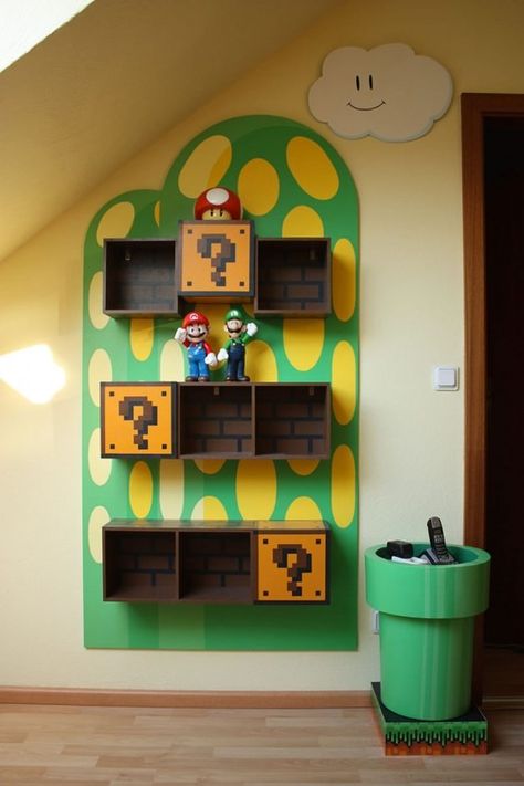 Cool Kids Bookshelves for Mario Themed Room - Kidsomania Super Mario Bathroom Ideas, Mario Room Decor Diy, Nintendo Nursery Ideas, Mario Inspired Bedroom, Mario Kart Bedroom Ideas, Mario Nursery Theme, Nintendo Themed Room, Nintendo Themed Bedroom, Mario Kart Bedroom