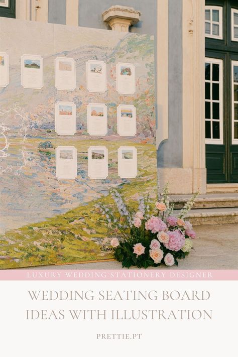 Wedding Seating Board Ideas With Wedding Illustration | Iris & Dominic's fairytale wedding in Portugal was adorned with unique wedding stationery, unique wedding seating chart ideas and bespoke wedding signage. Discover ballroom wedding reception with romantic wedding table decorations and wedding menu cards for your dream wedding. Contact us now at prettie.pt to create your dream wedding invitation & wedding stationery truly memorable. Watercolor Wedding Seating Chart, Seating Chart Wedding Creative, Oil Painting Seating Chart, Stained Glass Seating Chart, Map Wedding Seating Chart, Hand Painted Seating Chart, Romantic Wedding Seating Chart, Tile Wedding Seating Chart, Seating Chart Wedding Easy