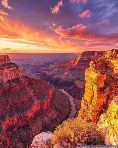 A breathtaking sunset over the Grand Canyon, casting warm hues across its rugged cliffs and colorful sky, with vibrant orange and pink tones reflecting on the tranquil river below. Credits: The American Natural Wedding Gifts Painting, Grand Canyon Sunrise, Grand Canyon South Rim, Mexican Themed Weddings, Gorgeous Scenery, Seven Wonders, Landscape Scenery, Sunset Painting, Sunset Photos