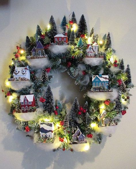 Christmas village wreath | My version of a Martha Stewart de… | Flickr                                                                                                                                                                                 More Christmas Village Wreath, Village Wreath, Dekoratívne Vence, Navidad Diy, Indoor Christmas Decorations, Christmas Villages, Indoor Christmas, Noel Christmas, Christmas Wreaths Diy