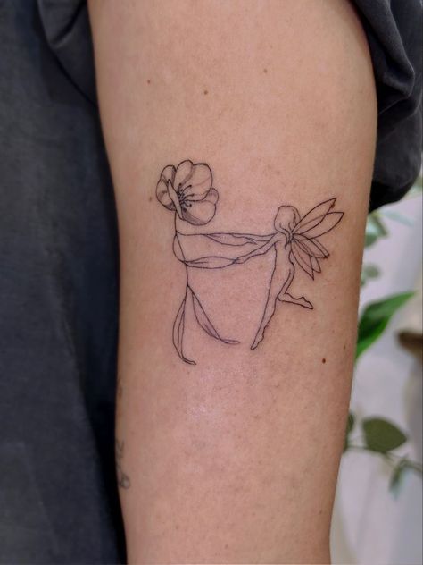 Crashbox Tattoo, Tattoos Female Aesthetic, Weird Nature Tattoos, Tattoo Ideas Female Plants, Whimsy Tattoo Designs, Feminine Figure Tattoo, Giver Tattoo, Woman Dancing Tattoo, Arm Tattoo Linework