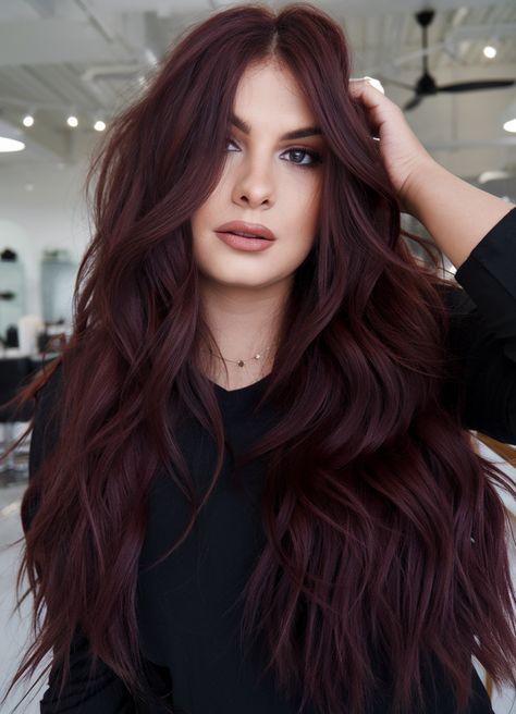 25 Winter Hair Color Ideas for Brunettes to Try This Season N5 Hair Color, Winter All Over Hair Color, Burgundy Hair On Brunette, Winter Hair Color Burgundy, All Over Color For Dark Hair, Cherry Merlot Hair, Burgundy Balayage Long Hair, Deep Hair Color Ideas, New Fall Hair Colors 2024