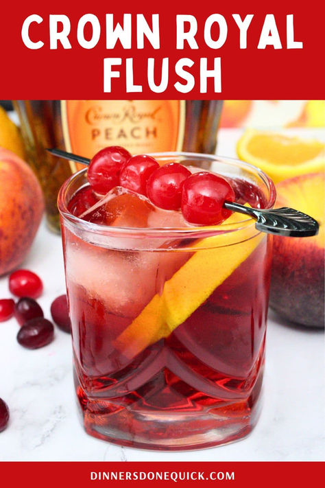 Enjoy the perfect blend of flavors with this Crown Royal Flush cocktail, featuring Crown Royal Peach whiskey. This refreshing and fruity drink is ideal for any occasion, from parties to relaxing evenings. Follow our simple recipe to create this delicious cocktail at home and impress your guests with your mixology skills. Pin and visit Dinners Done Quick for more easy and simple cocktail recipes! #CocktailRecipes #CrownRoyalPeach #CrownRoyal #WhiskeyCocktails #DrinkRecipes #PartyDrinks Royal Peach Cocktail, Vanilla Crown Recipes, Drinks With Crown Royal Vanilla, Crown Royal Peach Recipes, Peach Crown Royal Recipes Easy, Royal Flush Drink, Crown Royal Peach Cranberry Juice, Salted Caramel Crown Royal Recipes, Drinks With Salted Caramel Crown Royal