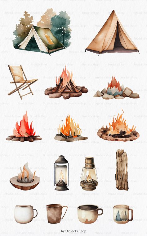 Camping Scrapbook Ideas, Glamping Christmas, Camp Illustration, Camping Watercolor, Cute Digital Stickers, Camping Drawing, Camping Png, Architecture Drawing Sketchbooks, Art Photography Portrait